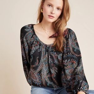 Anthropologie paisley burnout satin v neck puffed long sleeves top, medi…